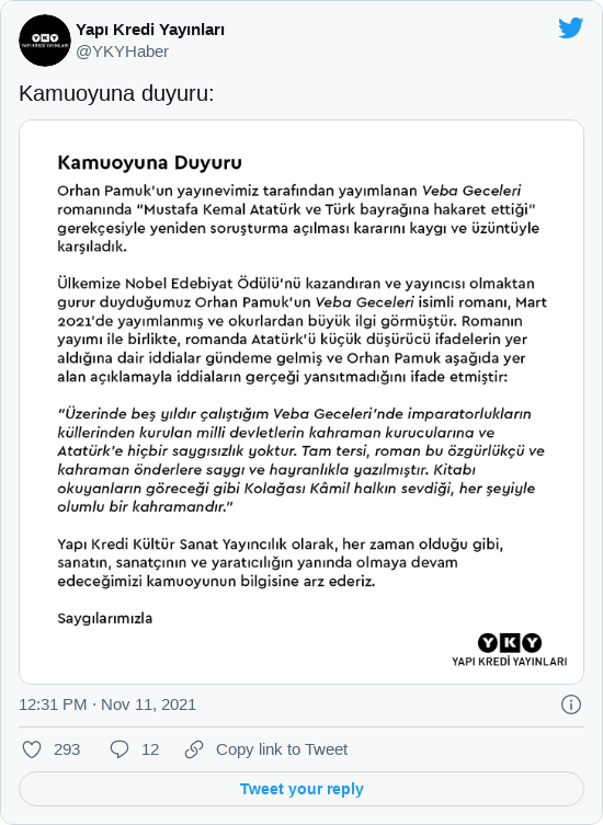 Yapı Kredi Yayınları - Orhan Pamuk hakkında basın açıklaması