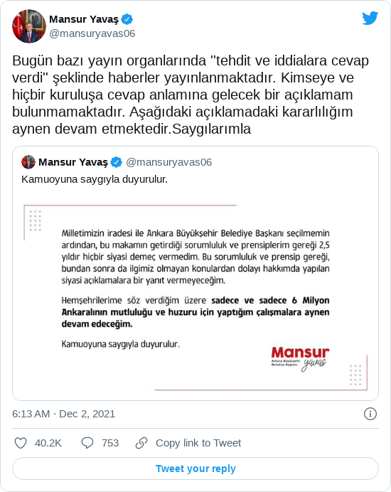 Mansur Yavaş daha önce konu hakkında paylaştığı açıklamayı yeniden paylaştı.