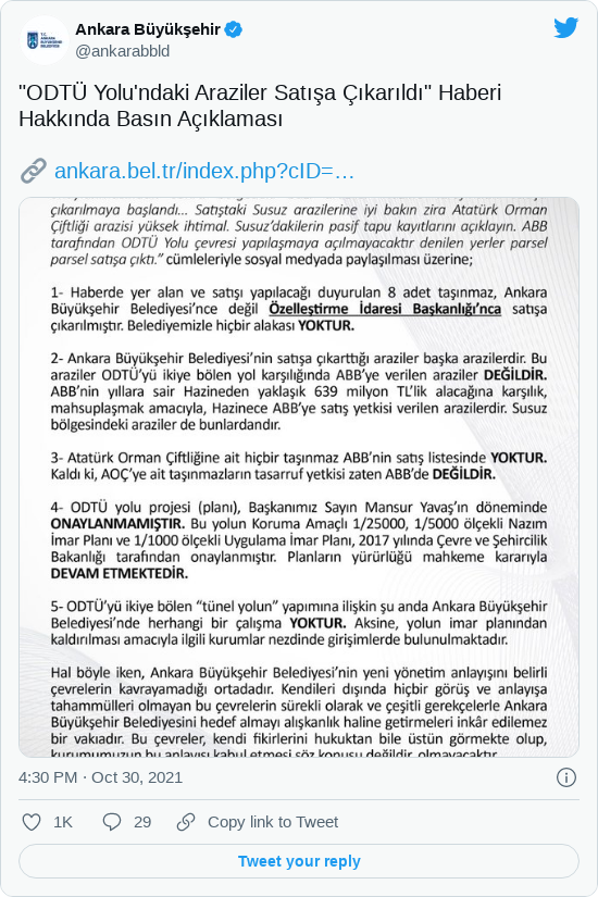 Ankara Büyükşehir Belediyesi'nin basın açıklaması