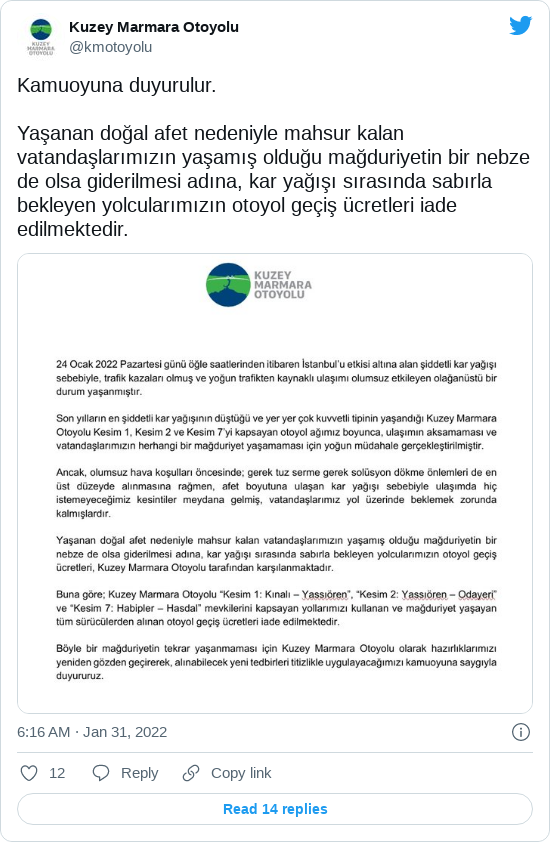 Kuzey Marmara Otoyolu'nun bilgilendirme tweeti
