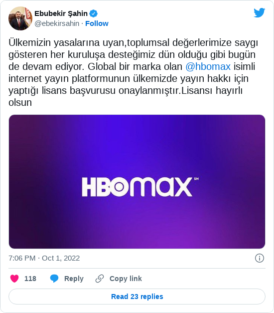 Ebubekir Şahin'in tweeti