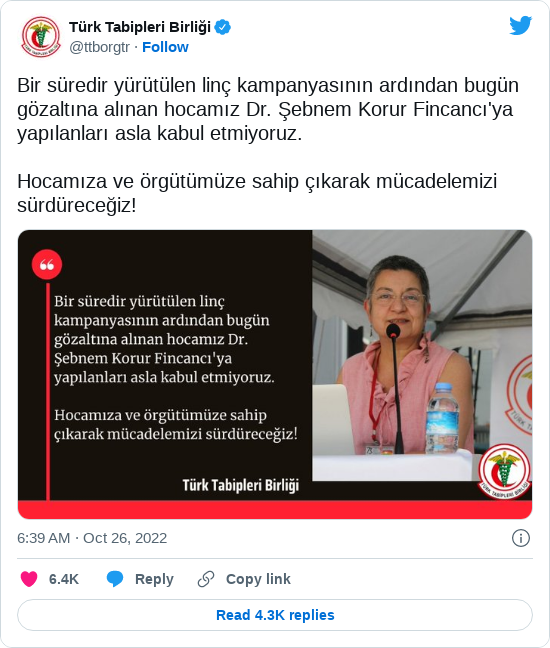 TTB'nin Fincancı'ya destek verdiği tweeti