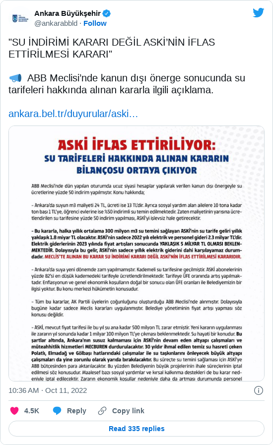 Ankara Büyükşehir Belediyesi'nin konuya ilişkin tweeti
